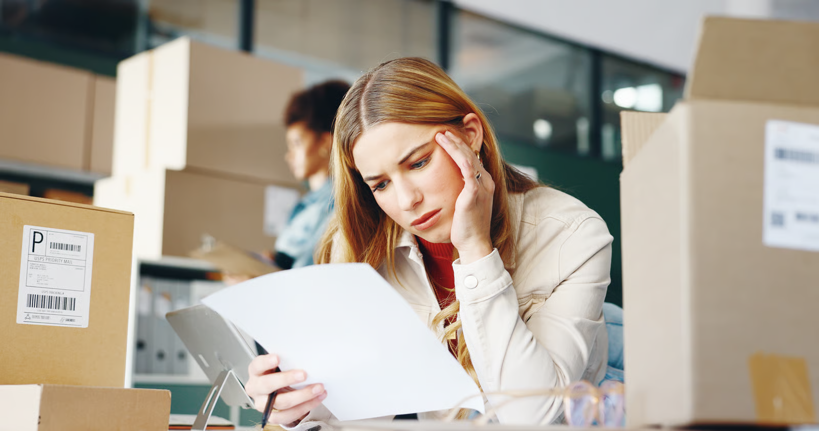 Professional woman reviewing supplier schedules and inventory